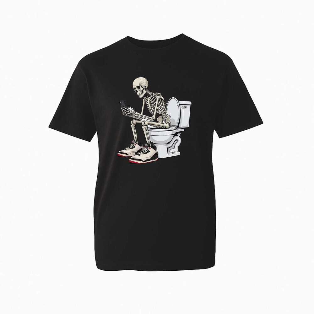 Funny Skeleton On Toilet Fan Graphic T-Shirt